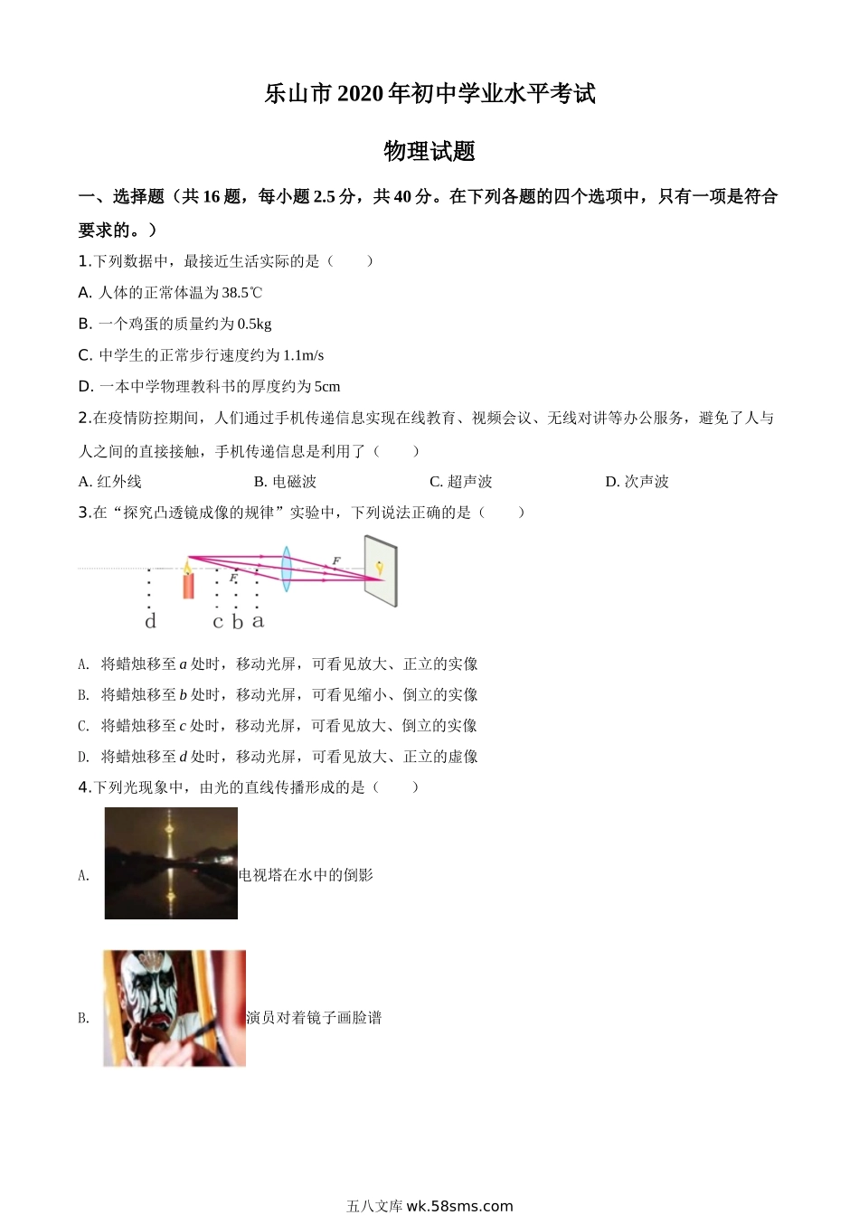 精品解析：2020年四川省乐山市中考物理试题（原卷版）_九年级下册.doc_第1页