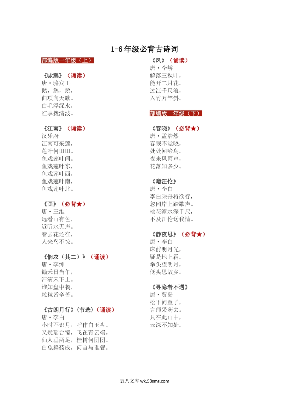 小学一年级上册1-9年级必背古诗词(1).doc_第1页