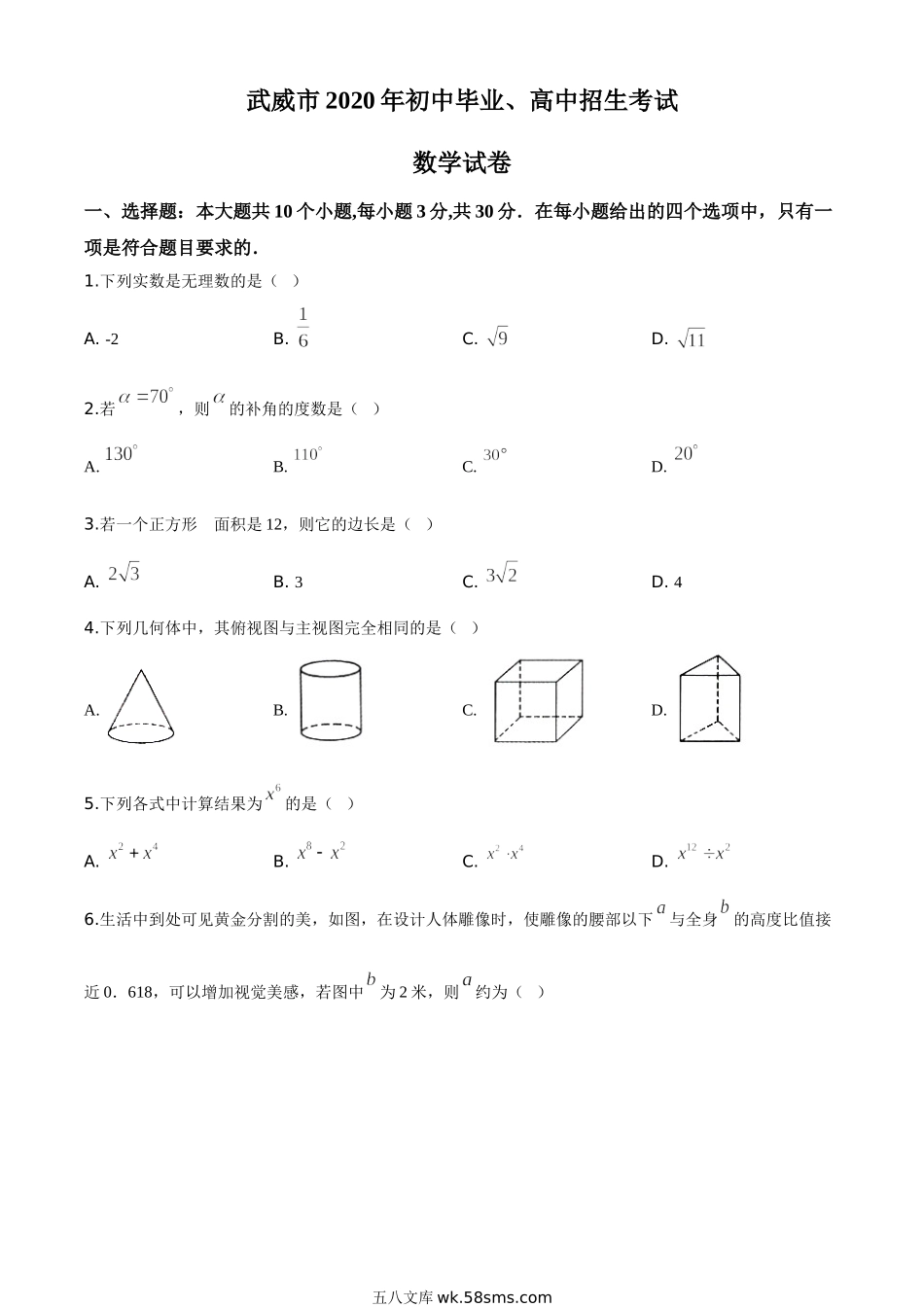 精品解析：甘肃省武威市2020年中考数学试题（原卷版）_九年级下册.doc_第1页