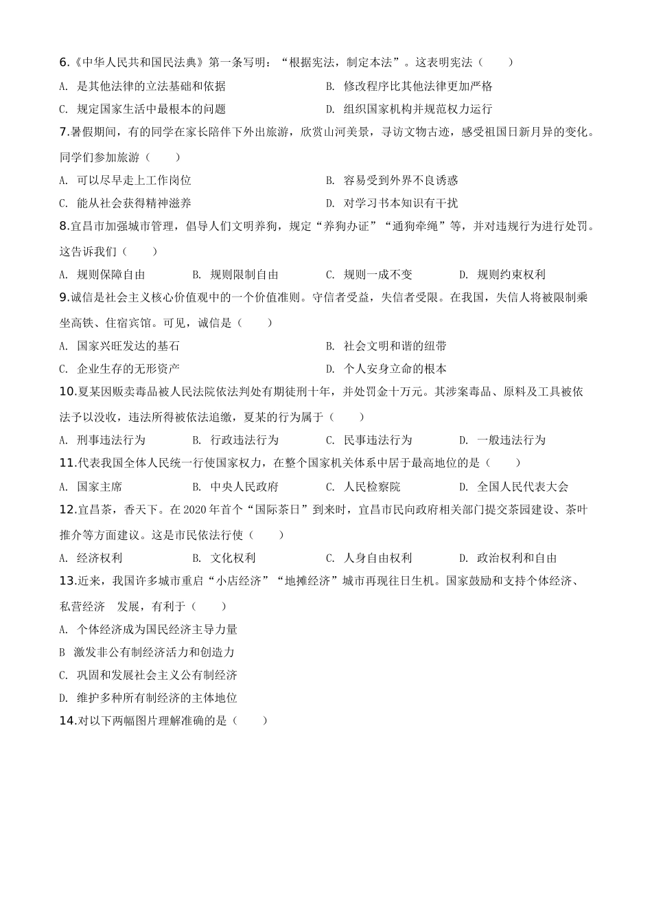 精品解析：湖北省宜昌市2020年中考道德与法治试题（原卷版）_九年级下册.doc_第2页