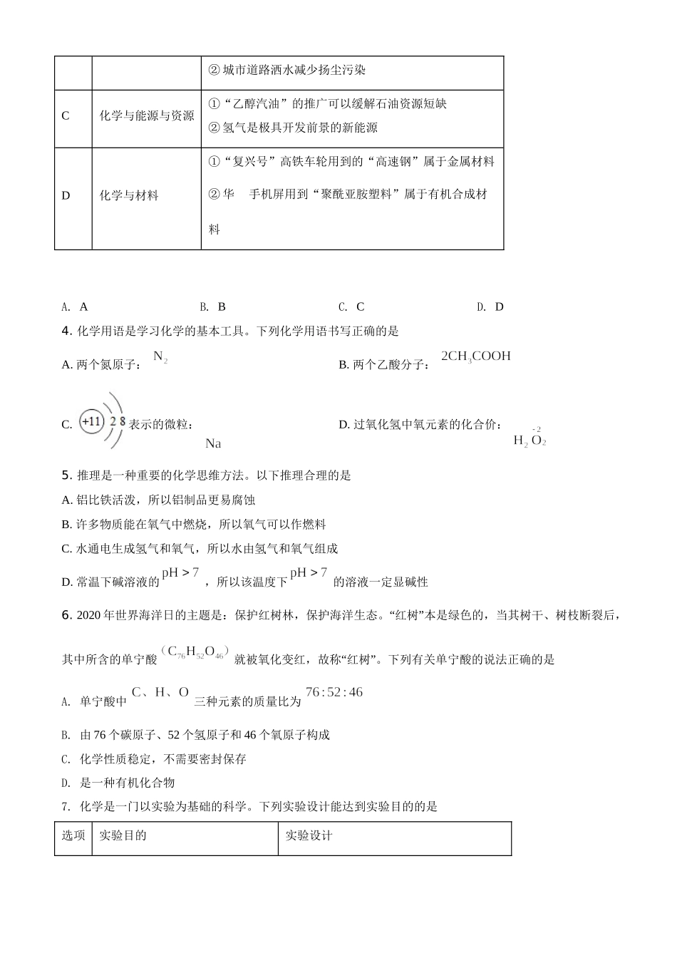 精品解析：内蒙古鄂尔多斯市2020年中考化学试题（原卷版）_九年级下册.doc_第2页