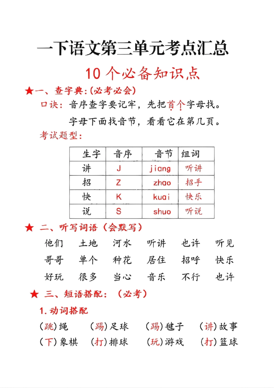 小学一年级下册一年级下册语文第三单元10个必备知识点.pdf_第1页