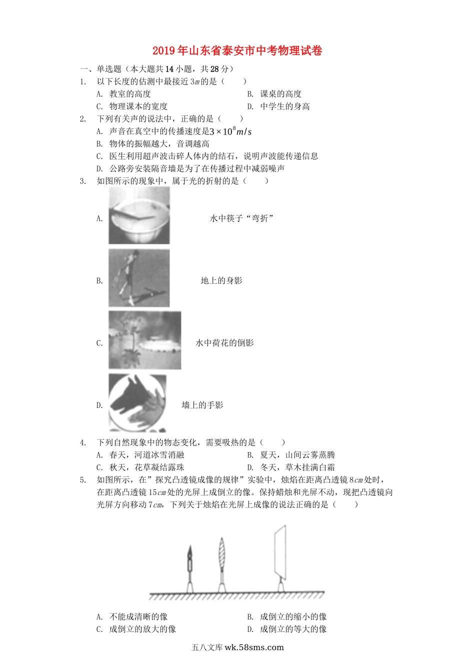 山东省泰安市2019年中考物理真题试题（含解析）_九年级下册.docx_第1页