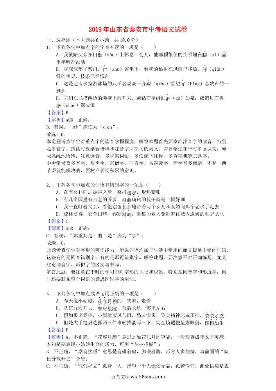 山东省泰安市2019年中考语文真题试题（含解析）_九年级下册.docx_第1页