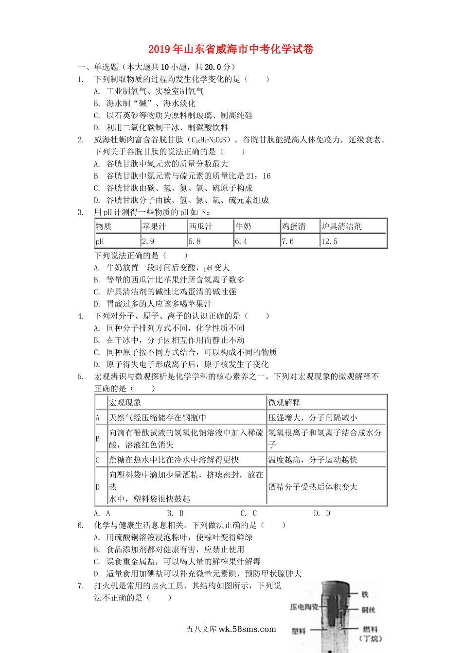 山东省威海市2019年中考化学真题试题（含解析）_九年级下册.docx_第1页