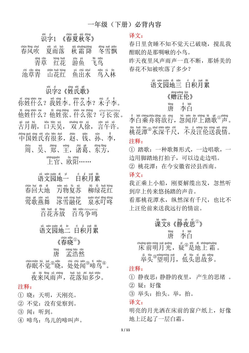 小学一年级下册一年级（下册）背诵默写（古诗+课文+日积月累）.pdf_第1页