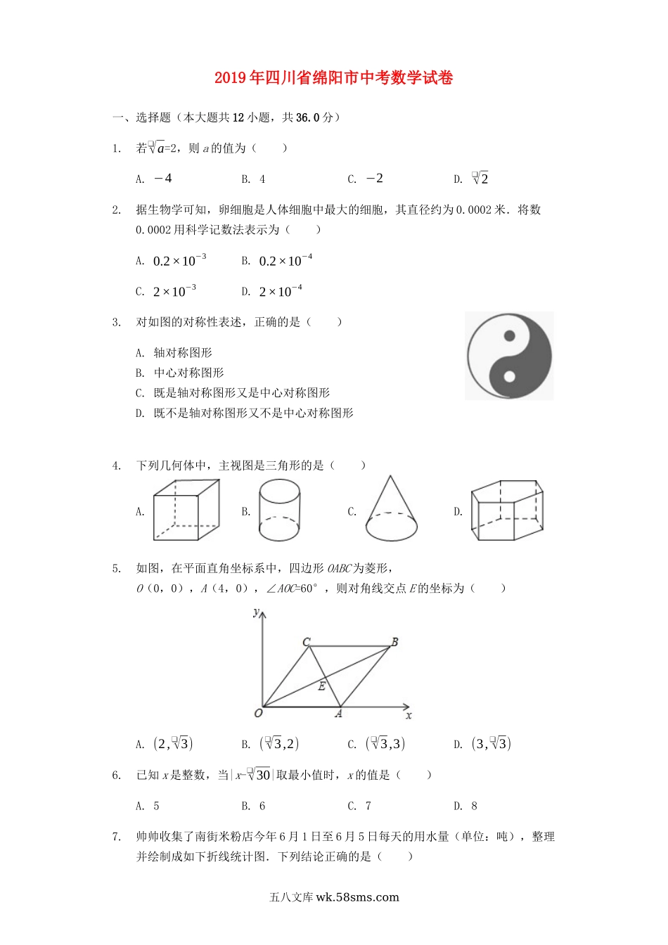 四川省绵阳市2019年中考数学真题试题（含解析）_九年级下册.docx_第1页