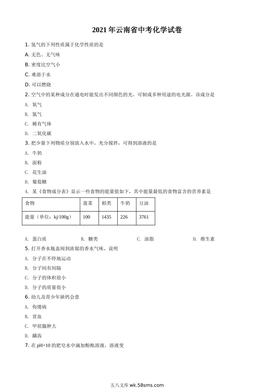 精品解析：云南省2021年中考化学试题（原卷版）_九年级下册.doc_第1页