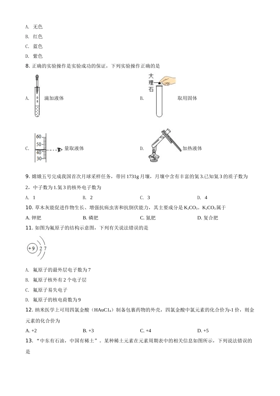 精品解析：云南省2021年中考化学试题（原卷版）_九年级下册.doc_第2页