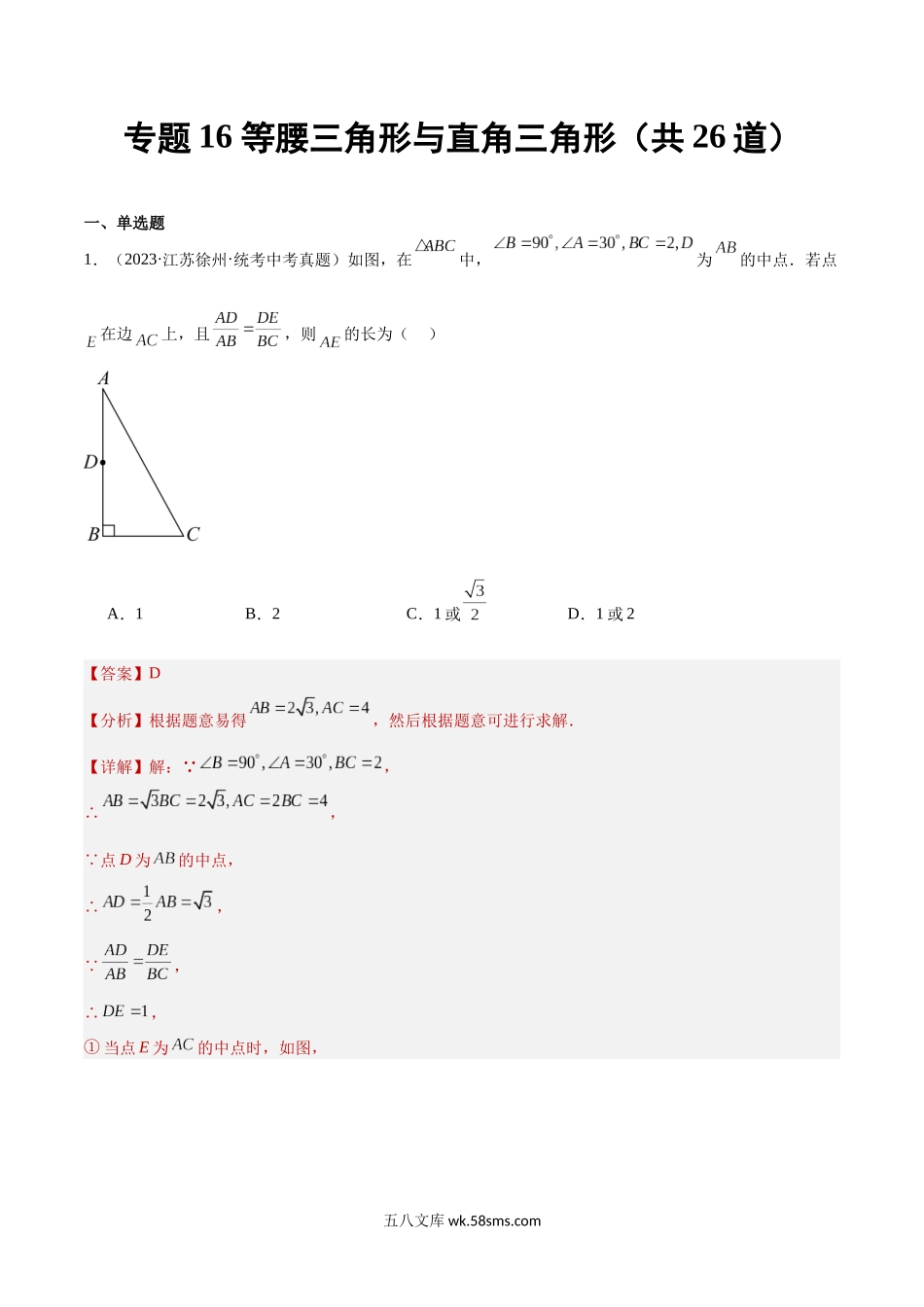 专题16 等腰三角形与直角三角形（共26道）（解析版）_九年级下册.docx_第1页