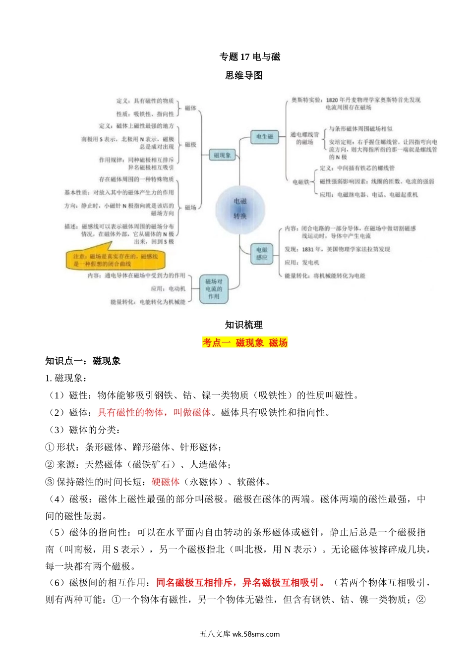 专题17 电与磁（5大模块知识清单+4个易混易错+4种方法技巧+典例真题解析）_九年级下册.docx_第1页