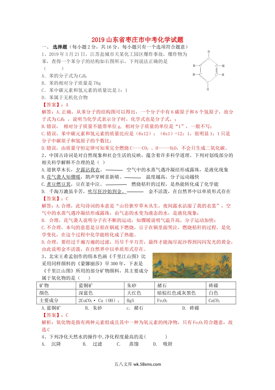 山东省枣庄市2019年中考化学真题试题（含解析）_九年级下册.doc_第1页