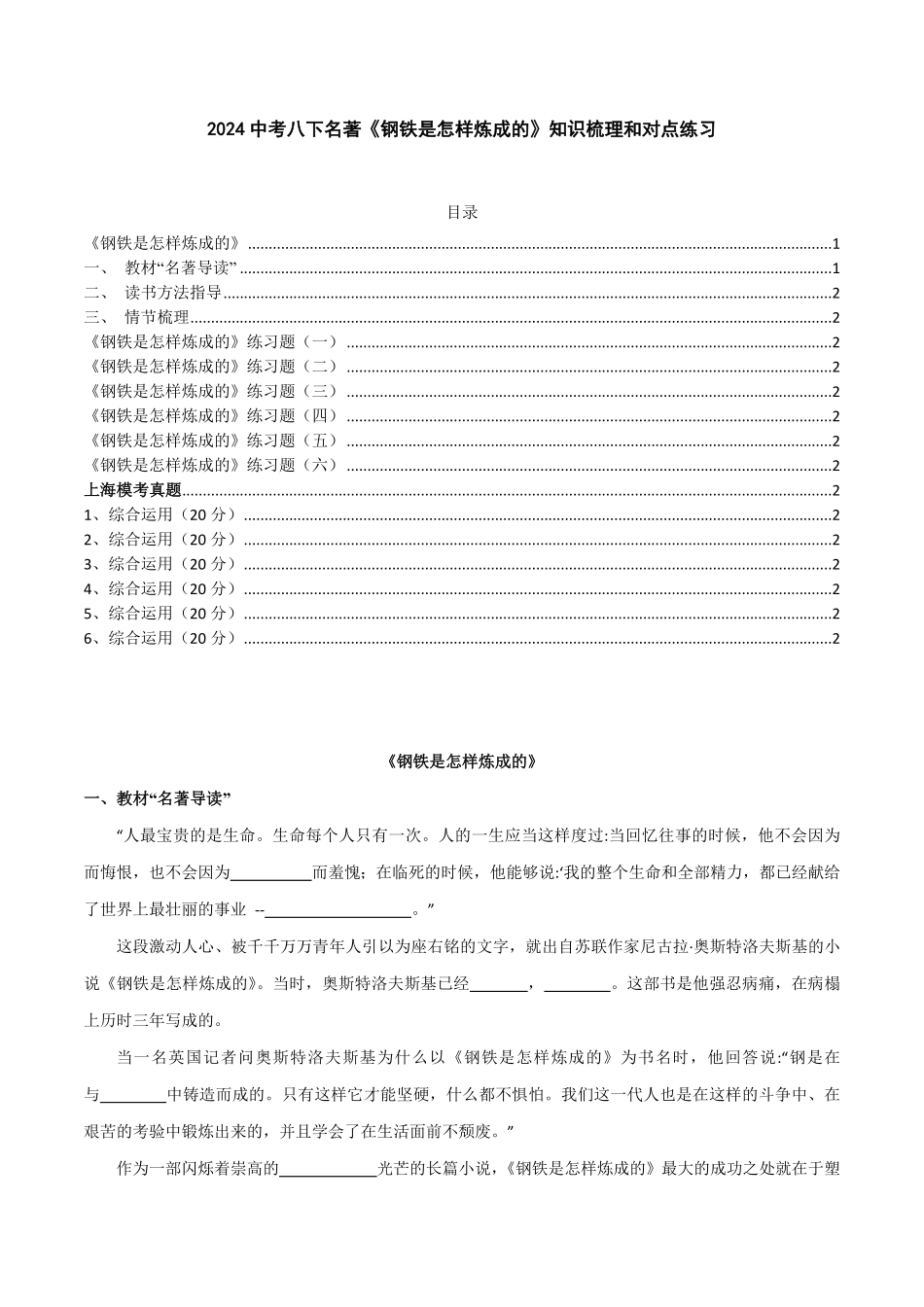 2024中考八下名著《钢铁是怎样炼成的》知识梳理和对点练习（解析版）_九年级下册.pdf_第1页