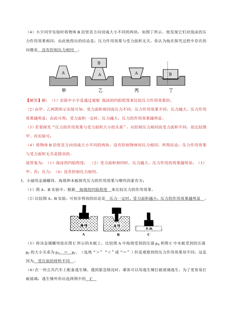 实验10 探究影响压力作用效果的因素（解析版）_九年级下册.pdf_第3页