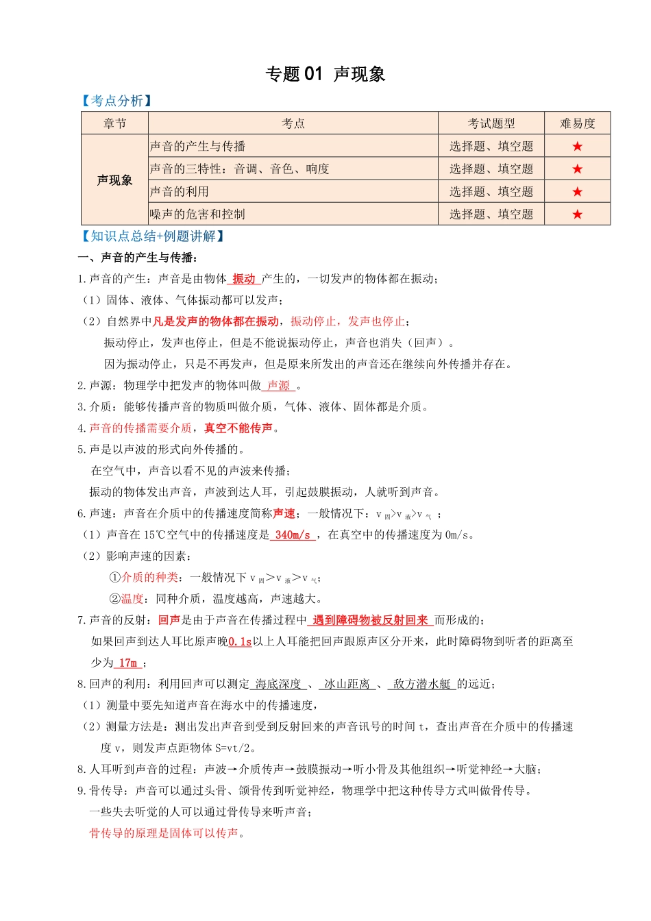 专题01声现象（知识点复习+例题讲解+过关练习）-备战2023年中考物理一轮复习考点帮 （解析版）_九年级下册.pdf_第1页