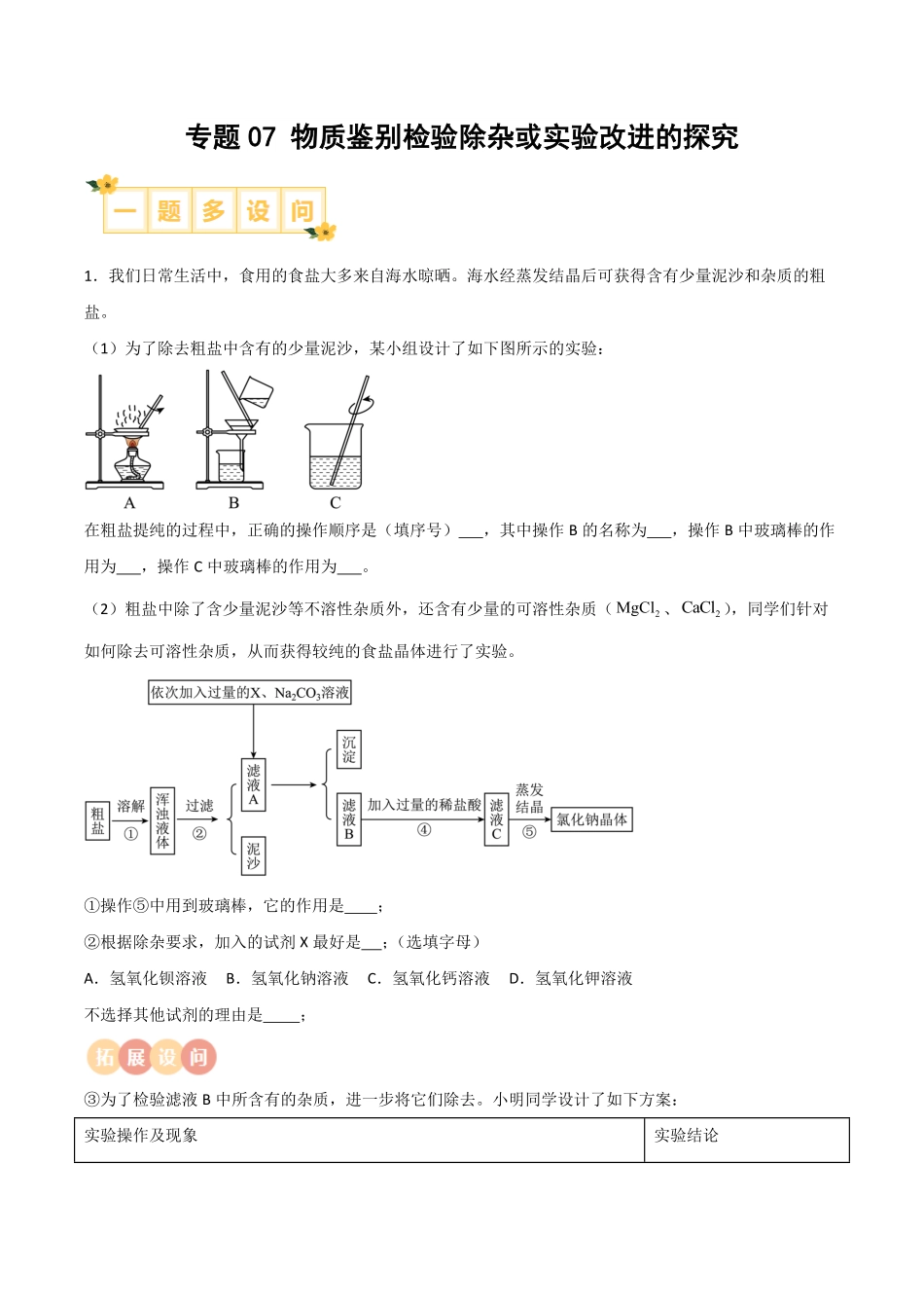 专题07  物质除杂鉴别证明或实验改进的探究（解析版）_九年级下册.pdf_第1页