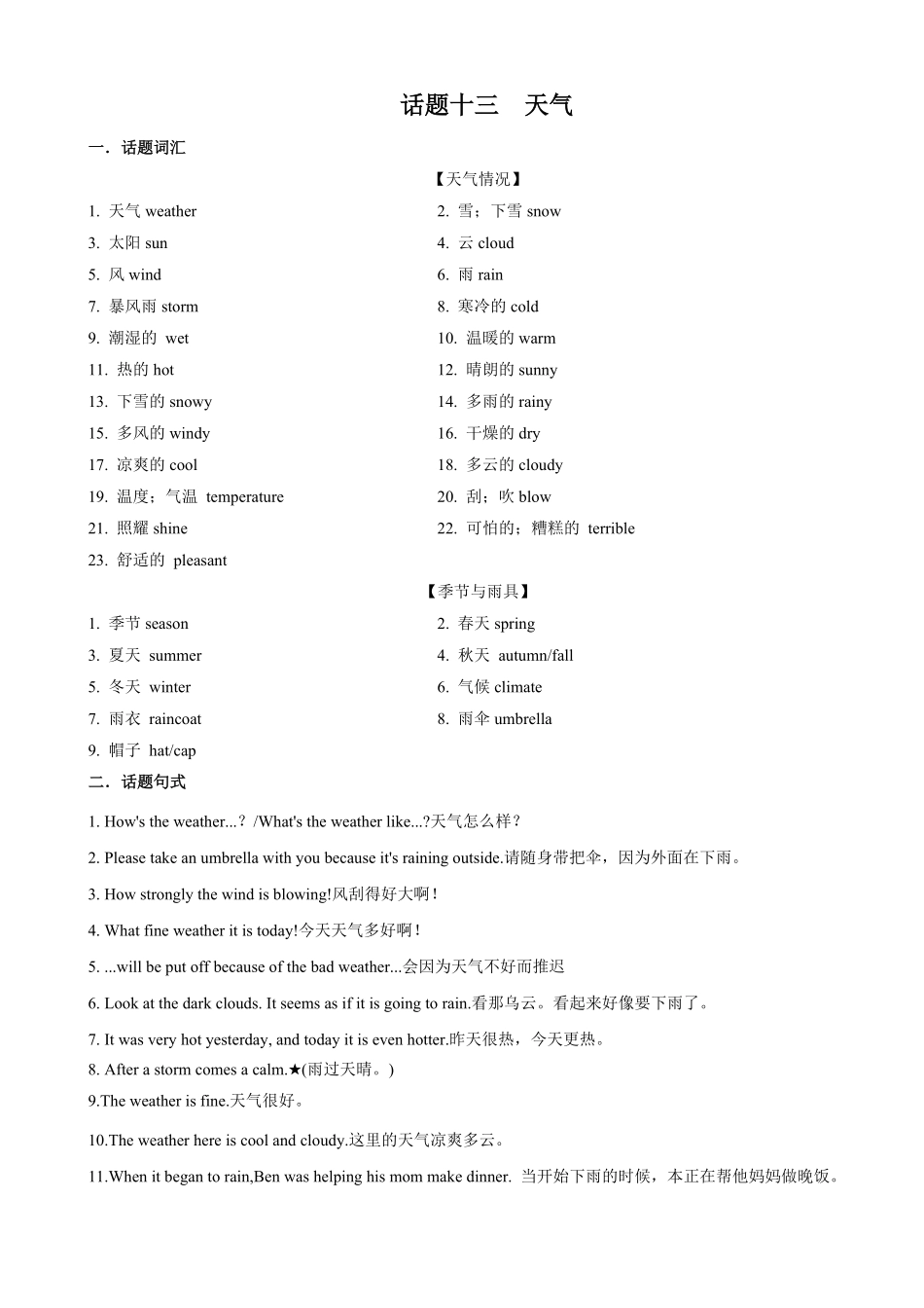 专题13.天气(词汇+句式+范文)-2024届中考英语作文复习素材（解析版）_九年级下册.pdf_第1页