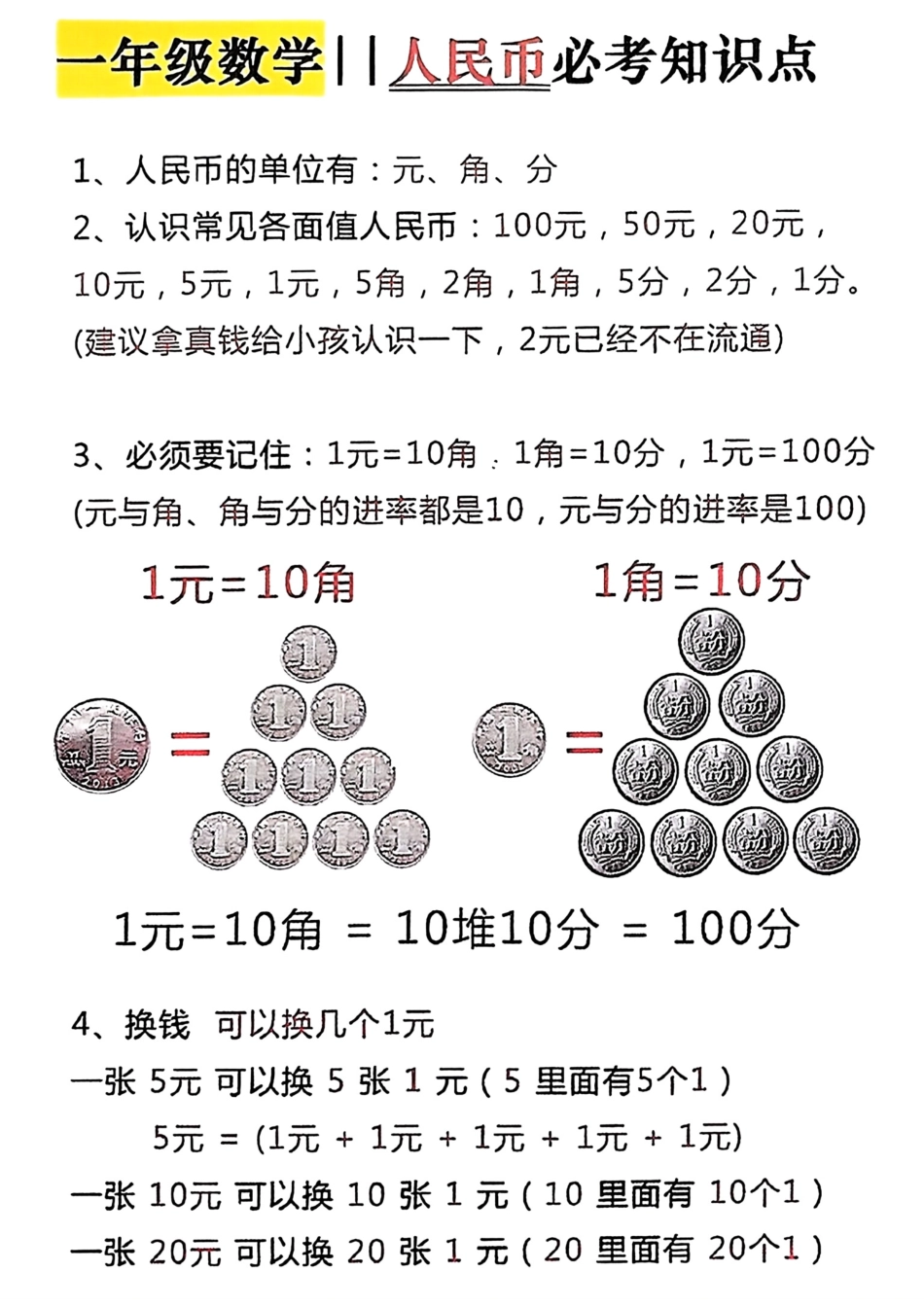 小学一年级下册一年级数学人民币必考知识点.pdf_第2页