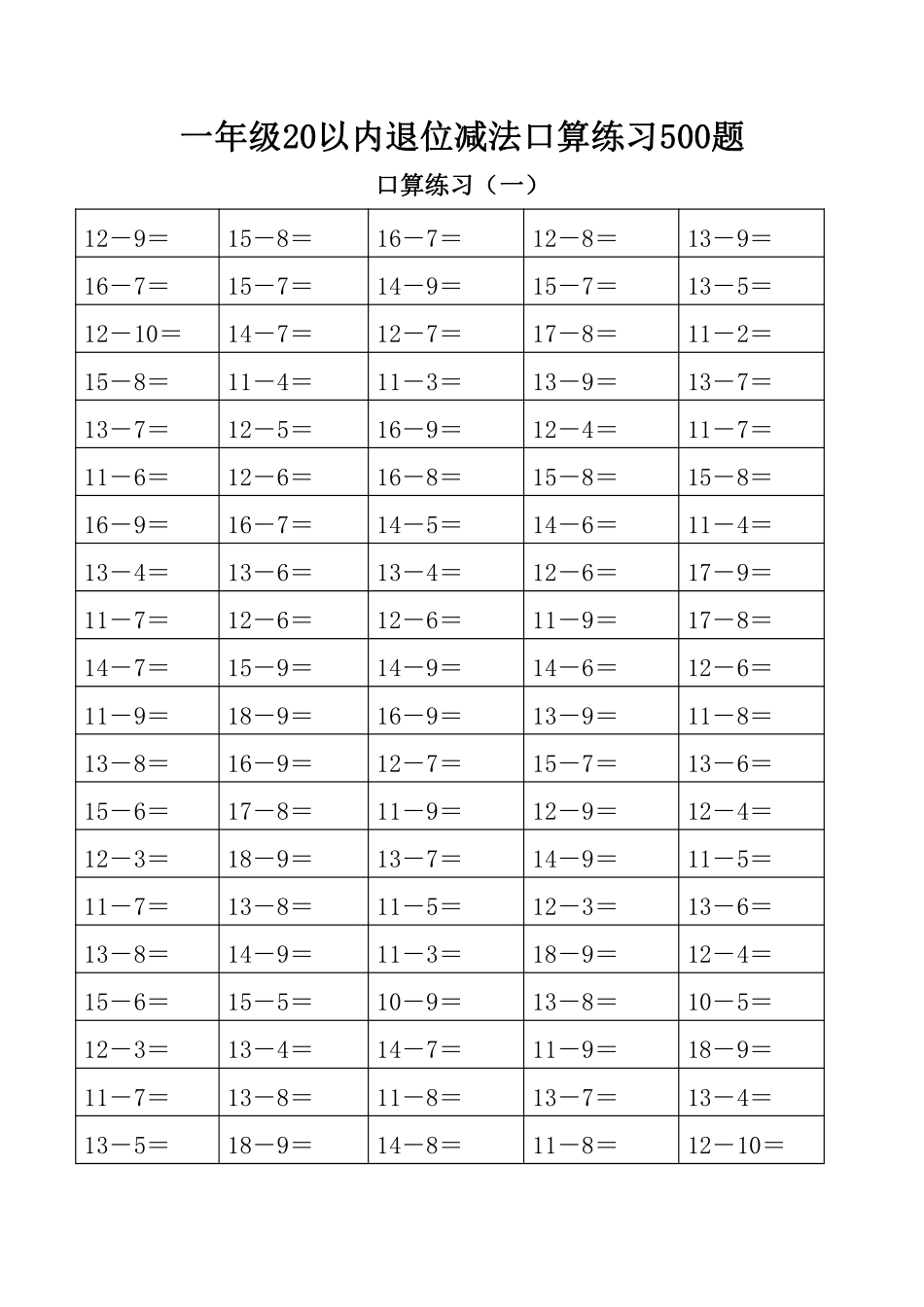 小学一年级下册1.12【计算题】20以内退位减法口算练习题.pdf_第1页