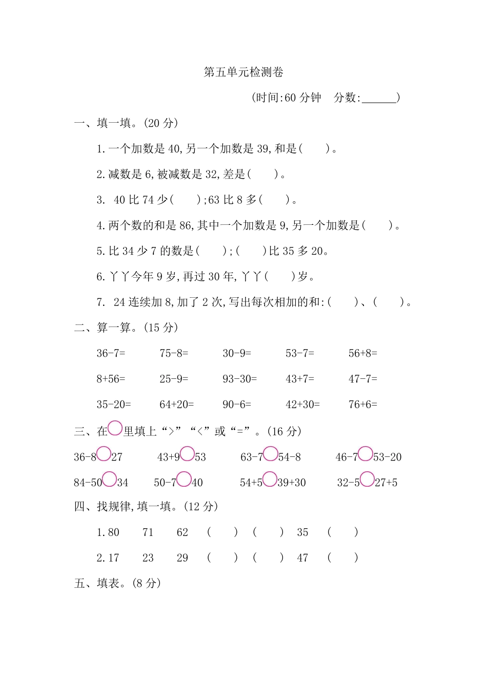 小学一年级下册一（下）青岛版数学第五单元检测卷.1.pdf_第1页