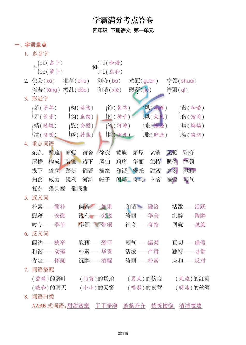 小学四年级下册[答案]四年级语文下册《1-8单元学霸满分考点答卷》共19页，有答案参考.pdf_第1页