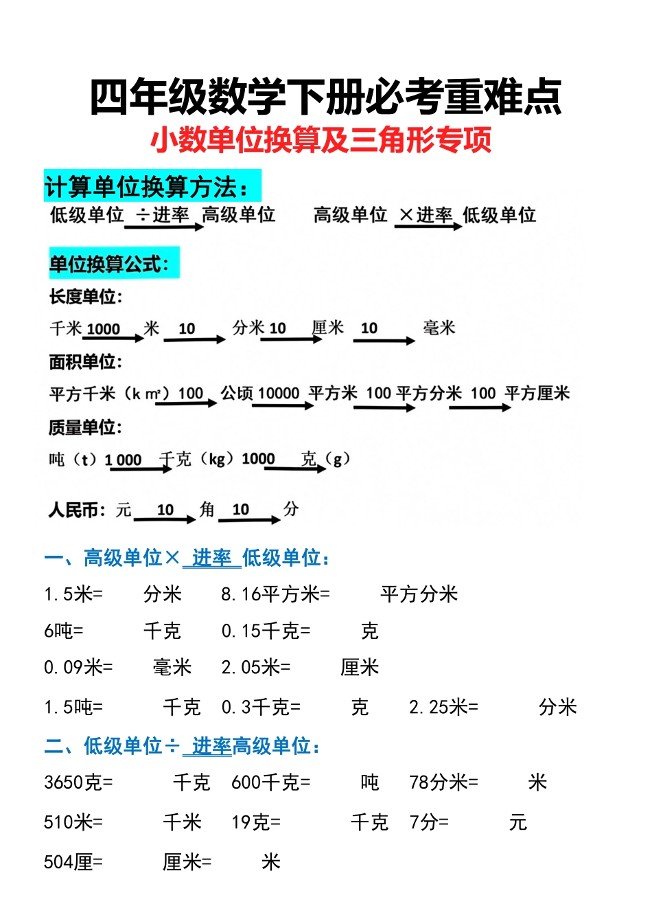 小学四年级下册四年级数学下册必考重难点.pdf_第1页