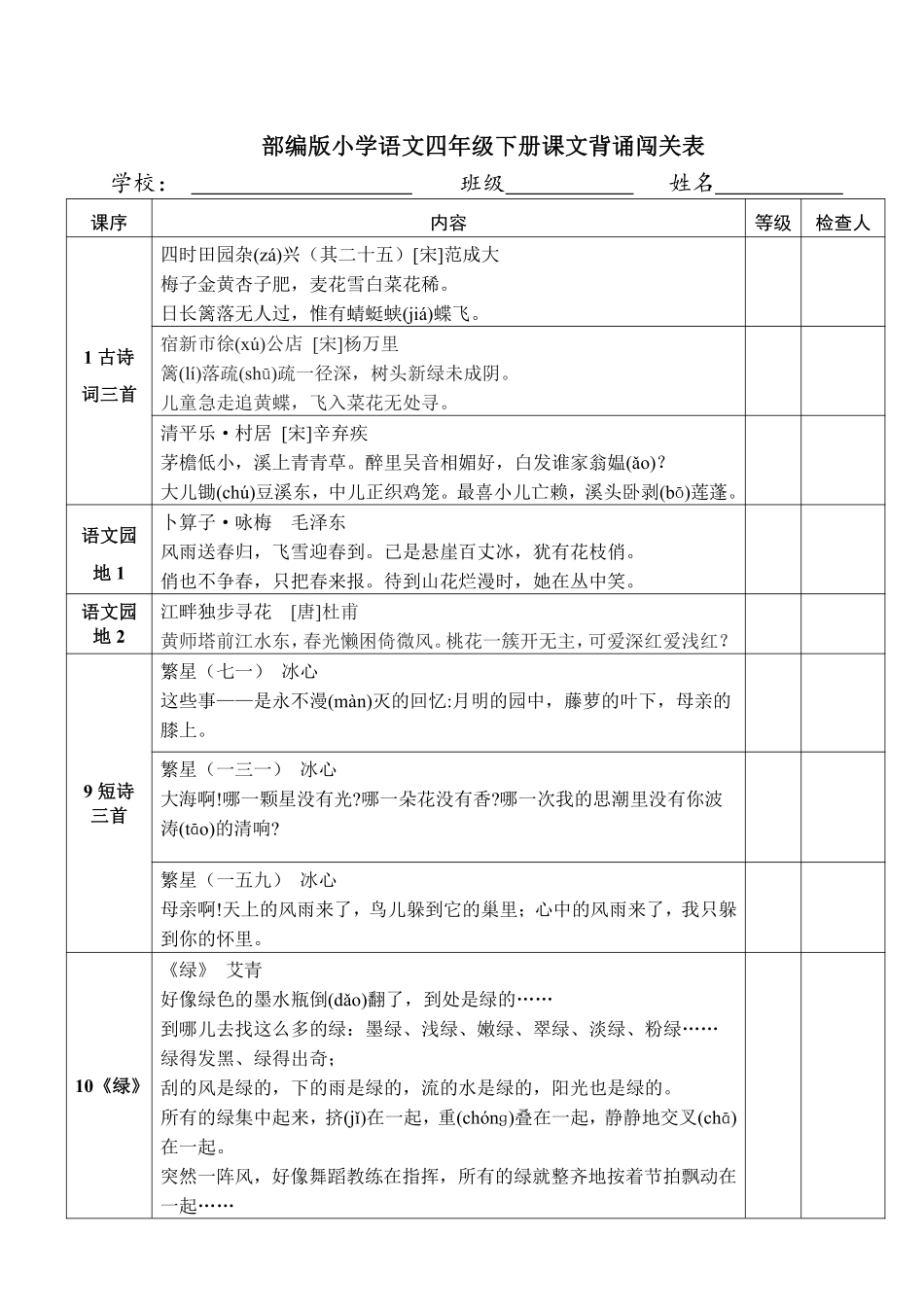 小学四年级下册部编版小学语文4年级下册课文背诵闯关表.pdf_第1页