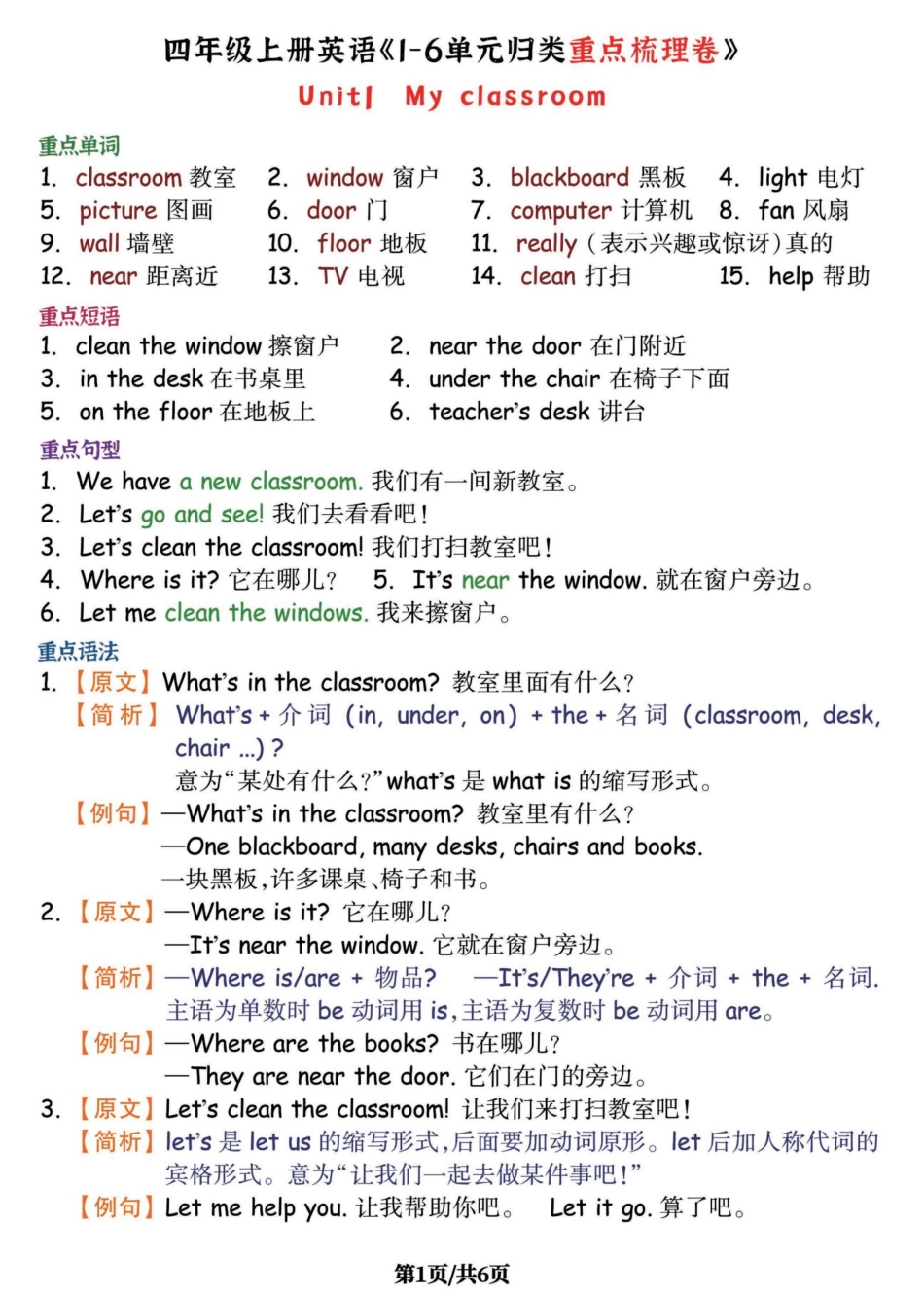 小学四年级上册学霸整理！四年级上英语《单元归类重点梳理》，附配套必背书写卷.pdf_第1页