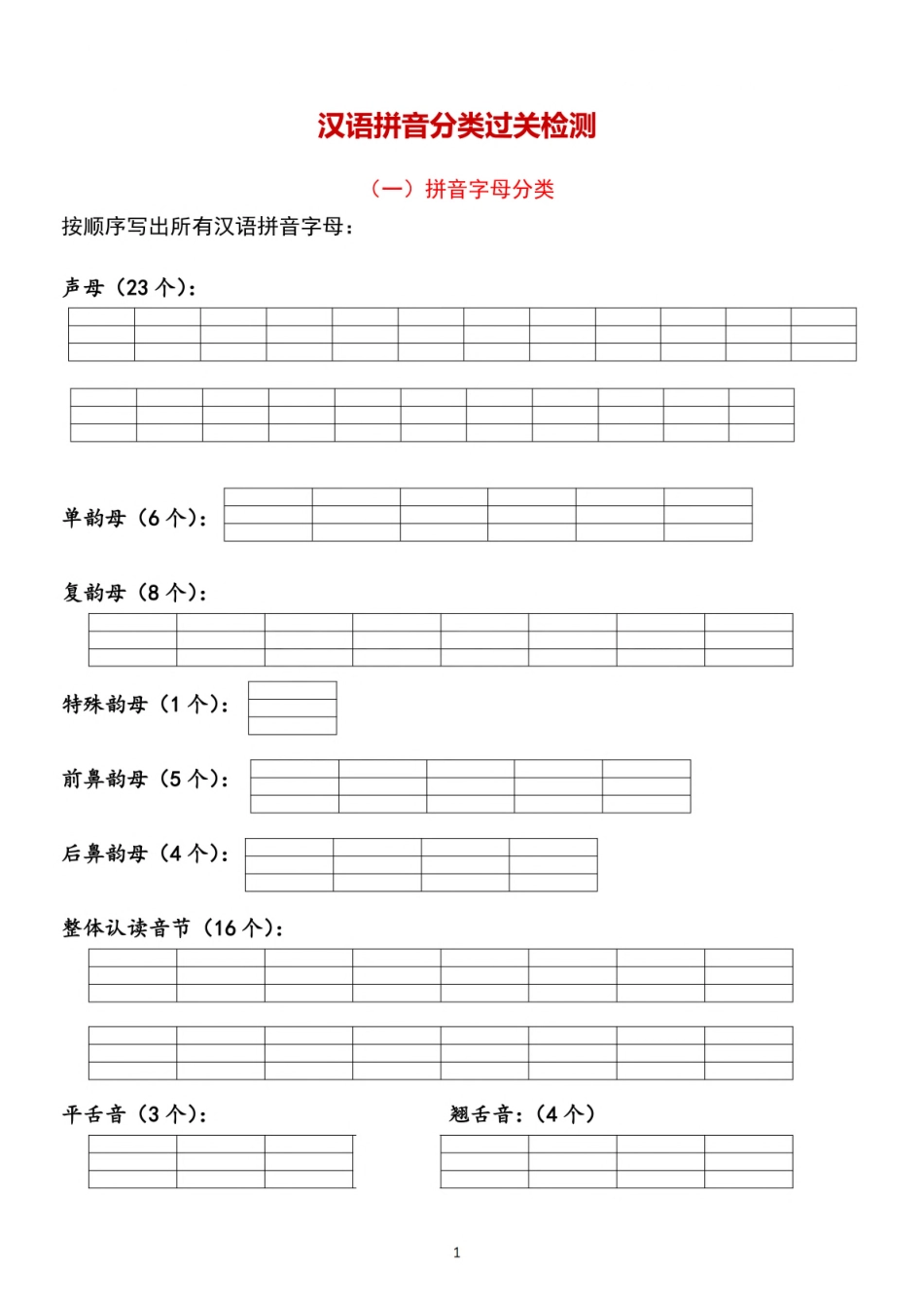 小学一年级上册一（上）语文 汉语拼音【分类过关】检测 (2).pdf_第1页