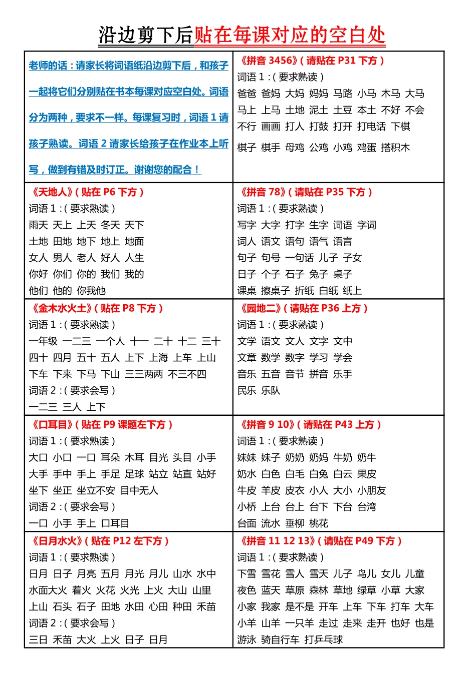 小学一年级上册【每课生字组词认读】剪下贴在每课空白处.pdf_第1页