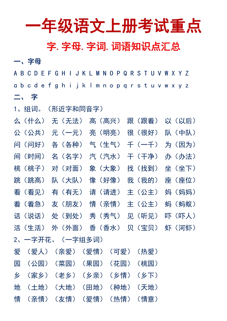 小学一年级上册9.22一年级语文上册考试重点字.字母.字词.词语知识点汇总.pdf_第2页