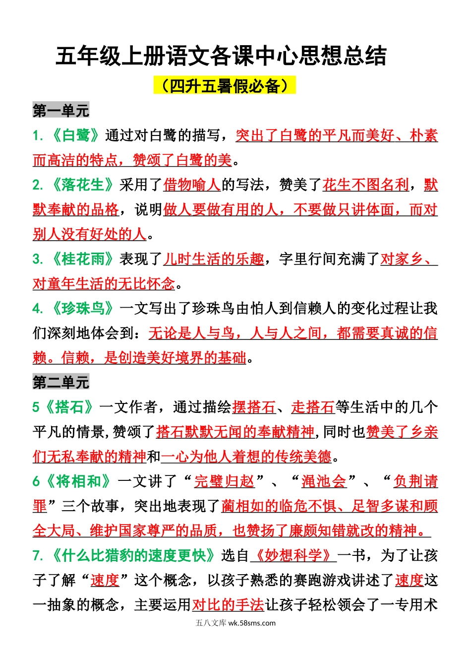 小学五年级上册五年级上册语文各课中心思想总结.docx_第1页