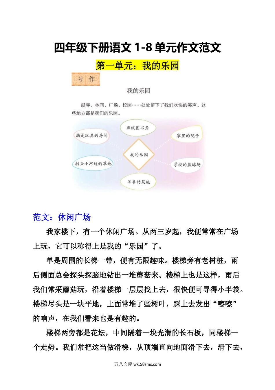 小学四年级下册四年级下册语文作文范文1-8单元.docx_第1页