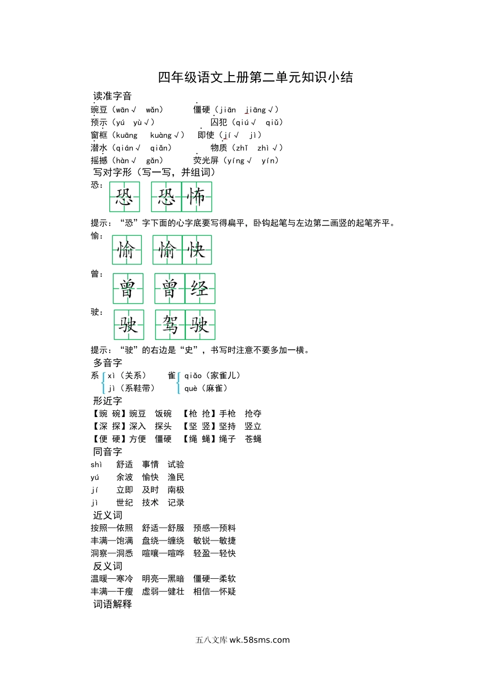 小学四年级上册四（上）语文第二单元知识重点.docx_第1页