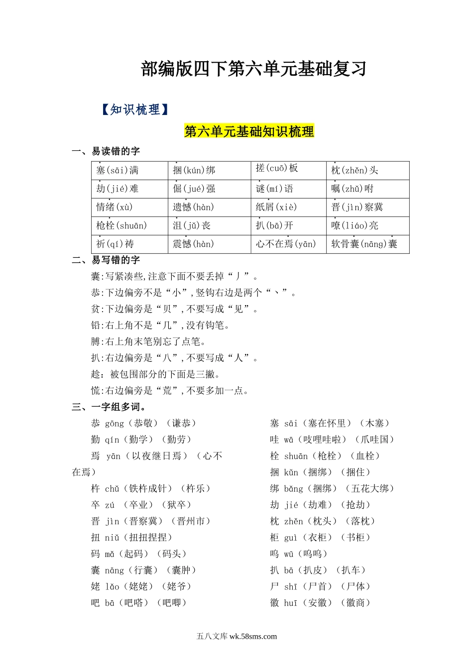 小学四年级下册【语文知识点】第六单元基础复习（知识梳理+检测）-2022-2023学年四年级语文下册 部编版.docx_第1页