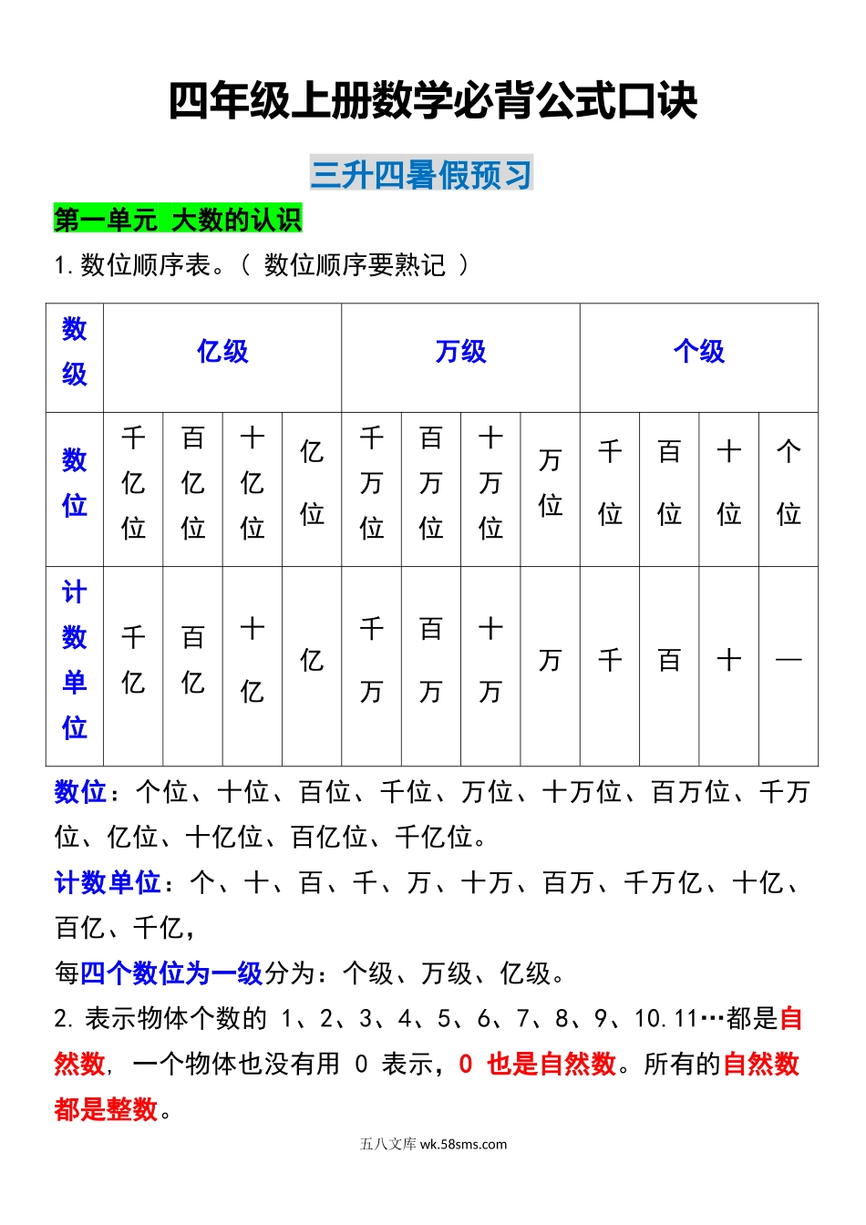 小学四年级上册四年级上册数学必背公式口诀.docx_第1页