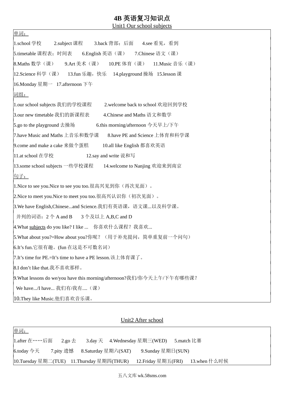 小学四年级下册四（下）译林版英语期末复习(单词+词组+句子).doc_第1页