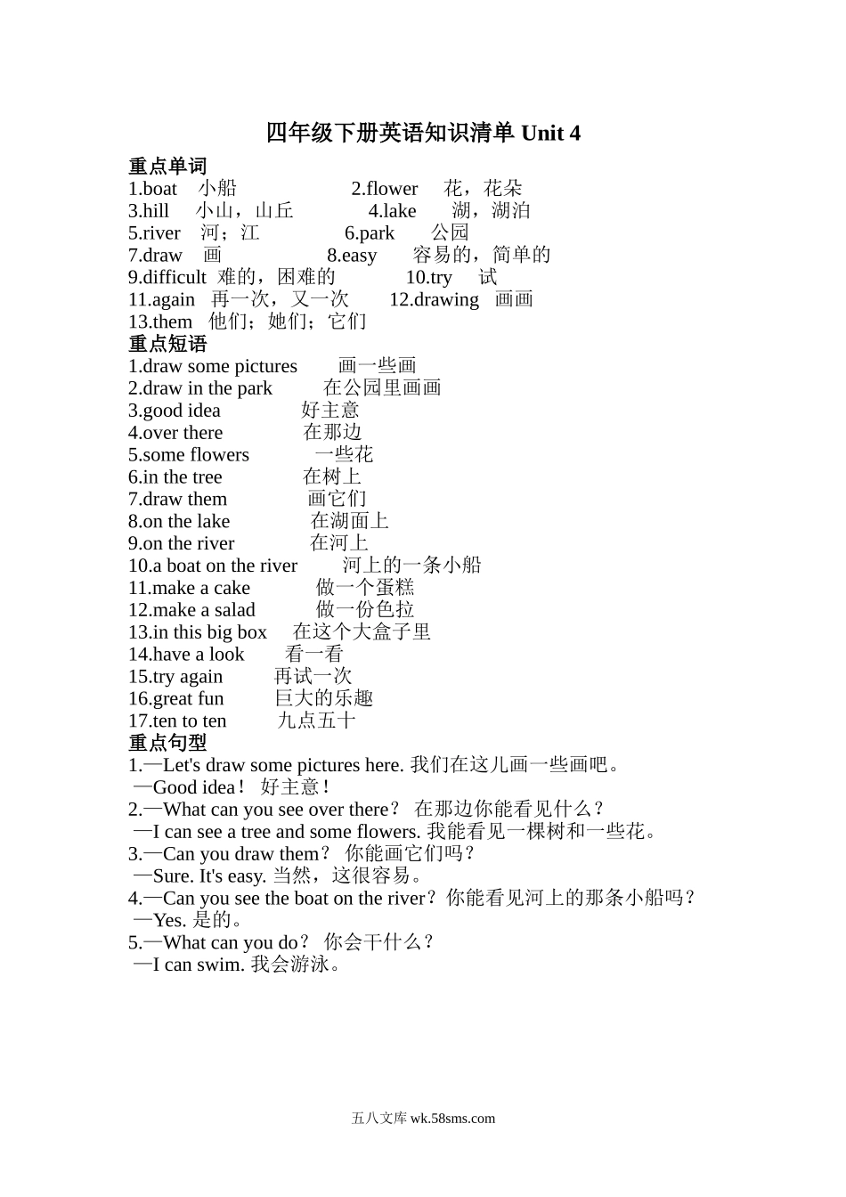 小学四年级下册四（下）译林版英语：Unit 4知识点.doc_第1页