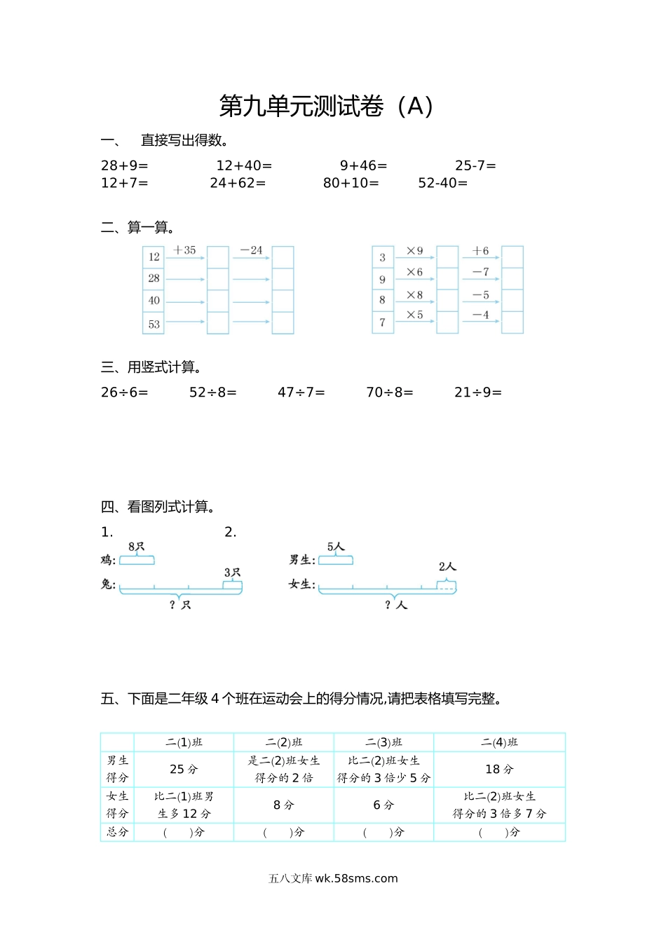 小学二年级上册二（上）54制青岛版数学第九单元测试卷.1.doc_第1页