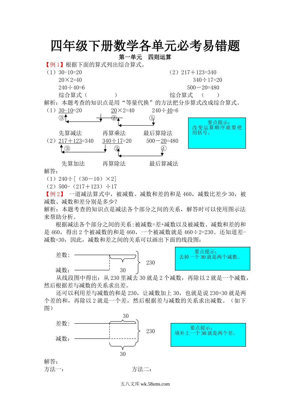 小学四年级下册四年级下册数学各单元必考易错题.doc_第1页