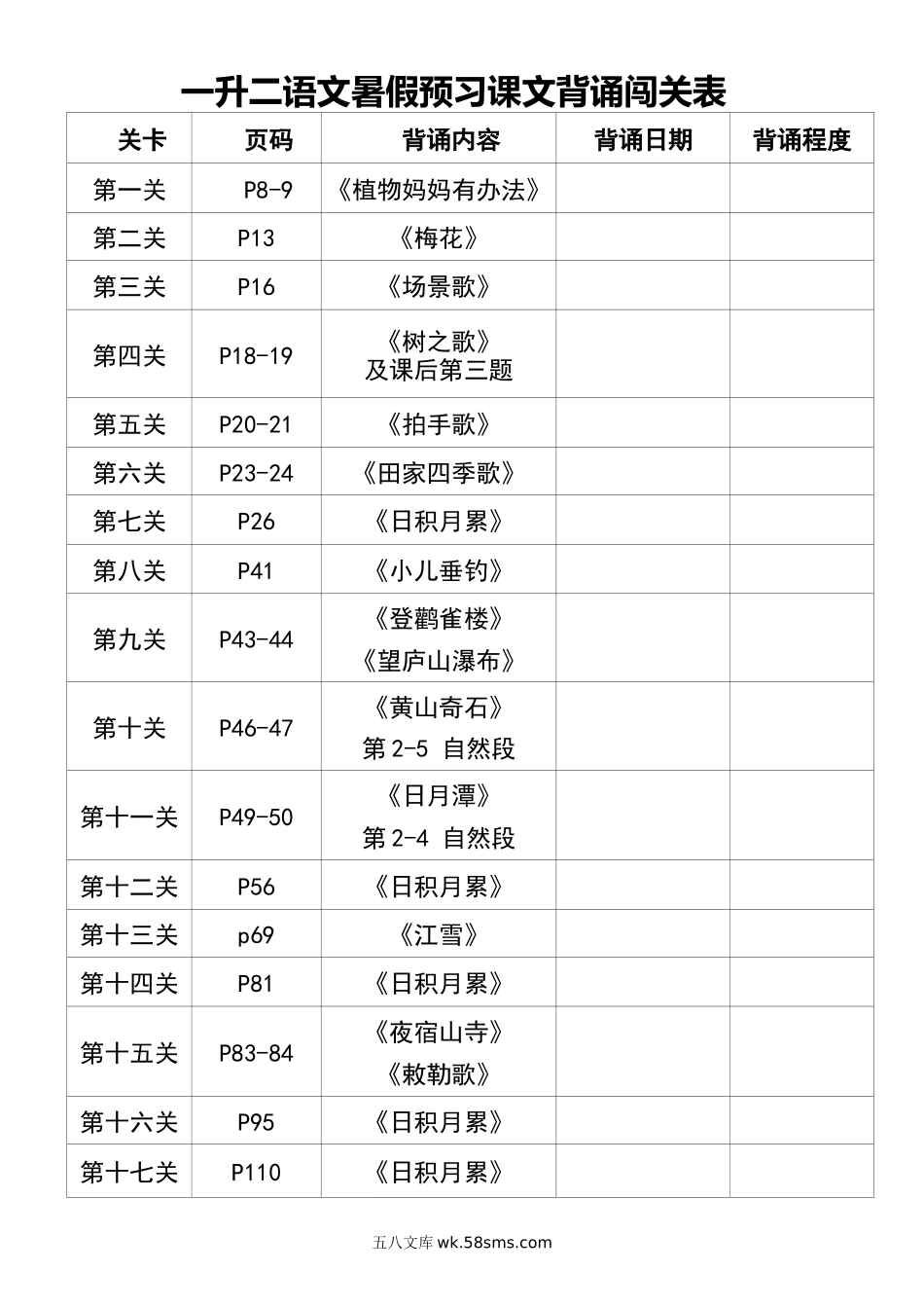 小学二年级上册一升二语文暑假预习课文背诵闯关表(1)(1).docx_第1页