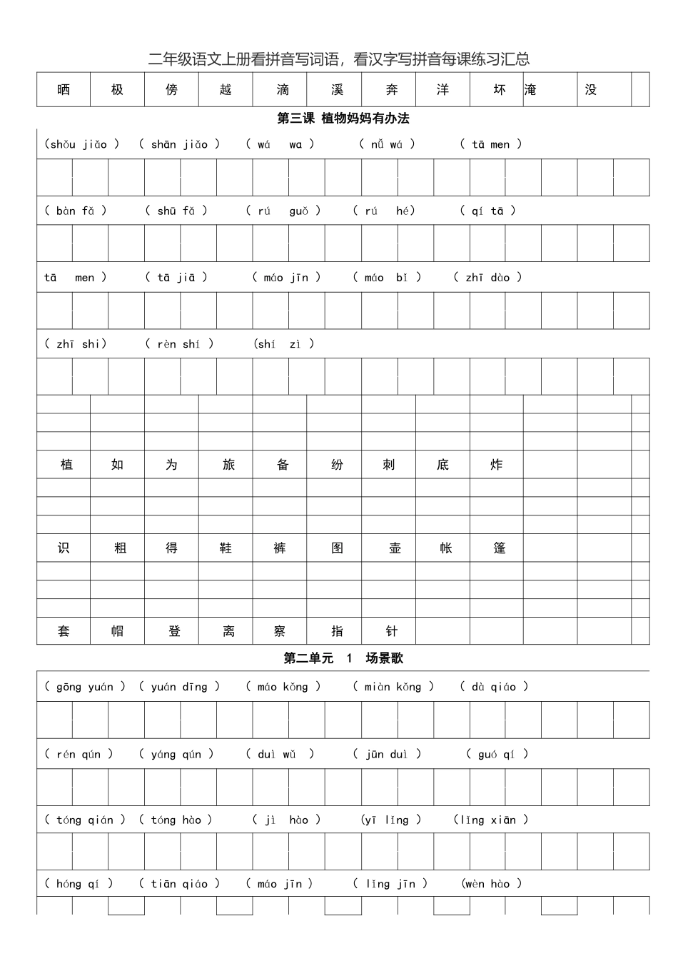 小学二年级上册二（上）语文看拼音写词语，看汉字写拼音每课练习汇总.pdf_第2页