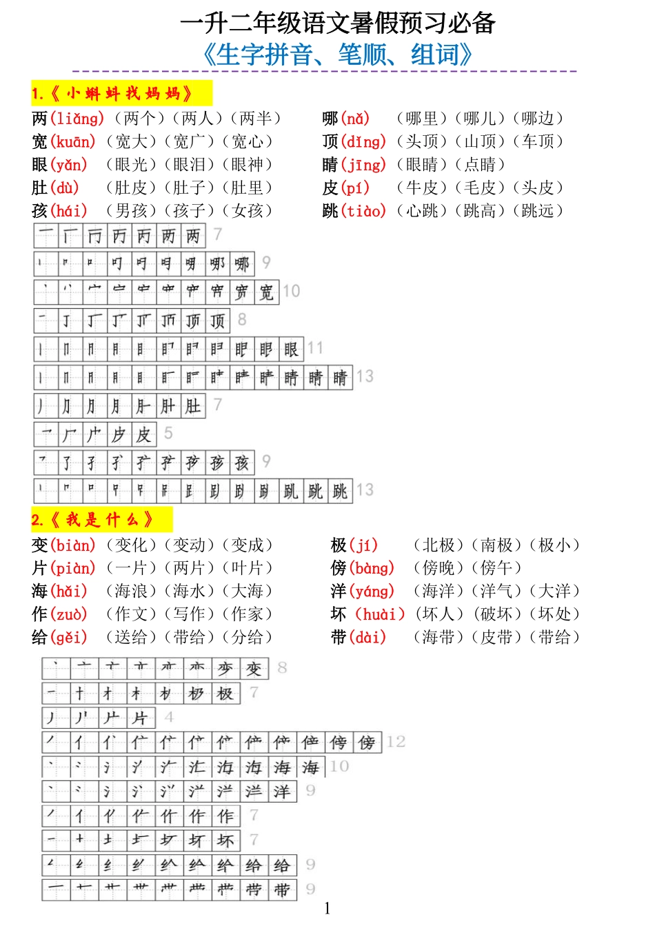 小学二年级上册一升二年级语文暑假预习必备《生字拼音、笔顺、组词》.pdf_第1页