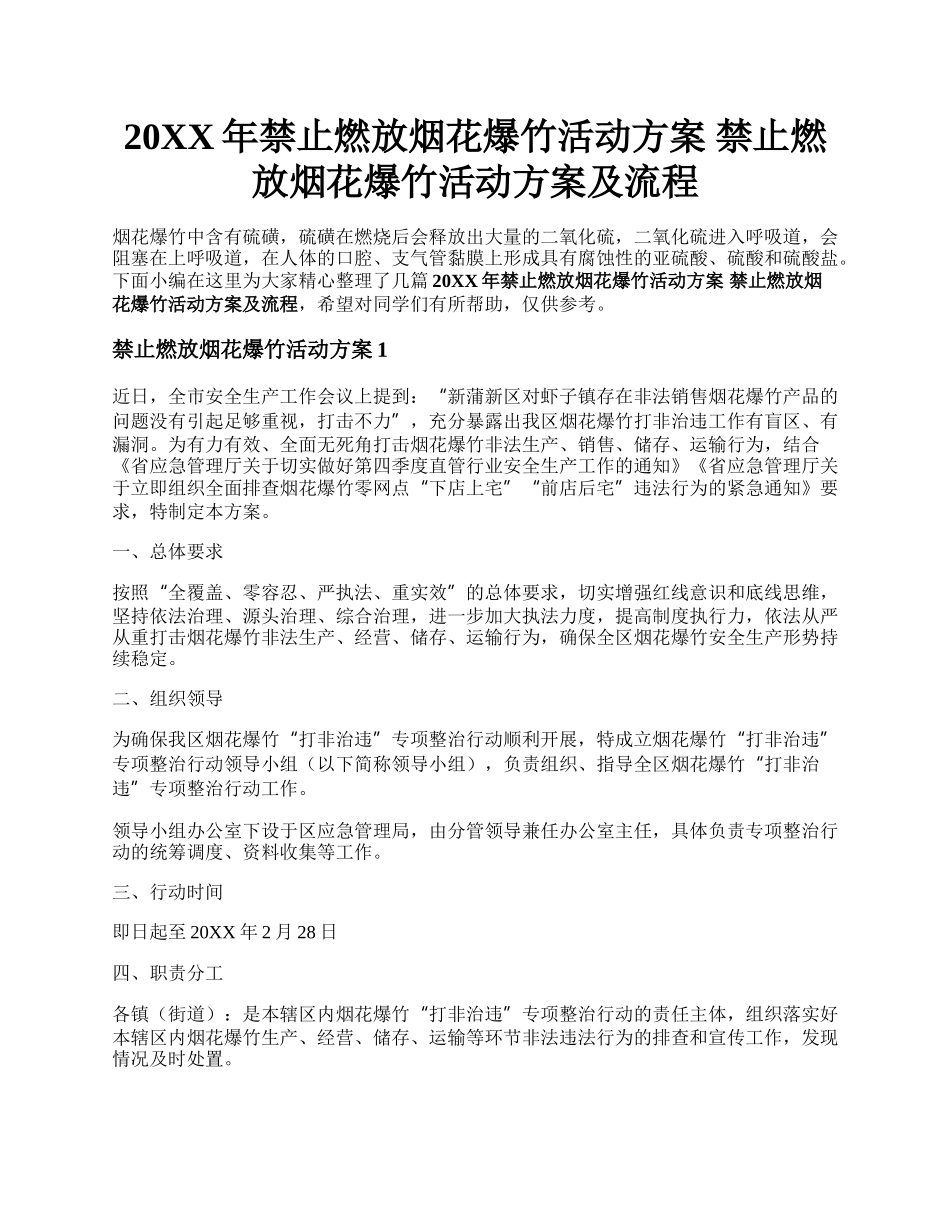 20XX年禁止燃放烟花爆竹活动方案 禁止燃放烟花爆竹活动方案及流程.docx_第1页