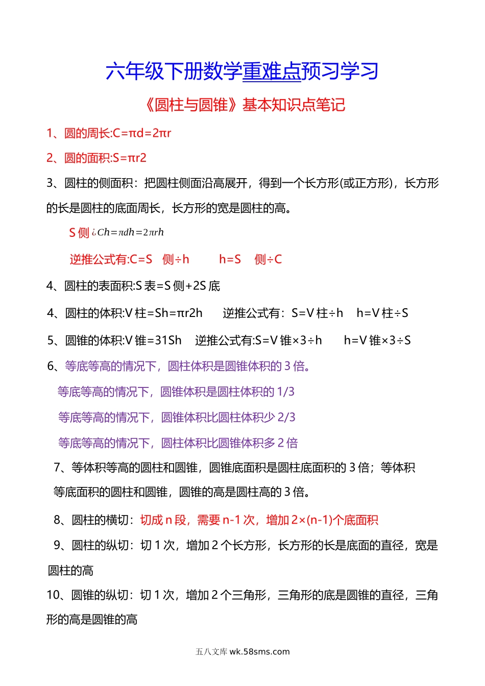 小学六年级下册六年级下册数学重难点《圆柱与圆锥》.docx_第1页