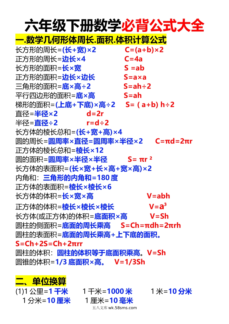 小学六年级下册六年级下册数学必背公式大全.docx_第1页