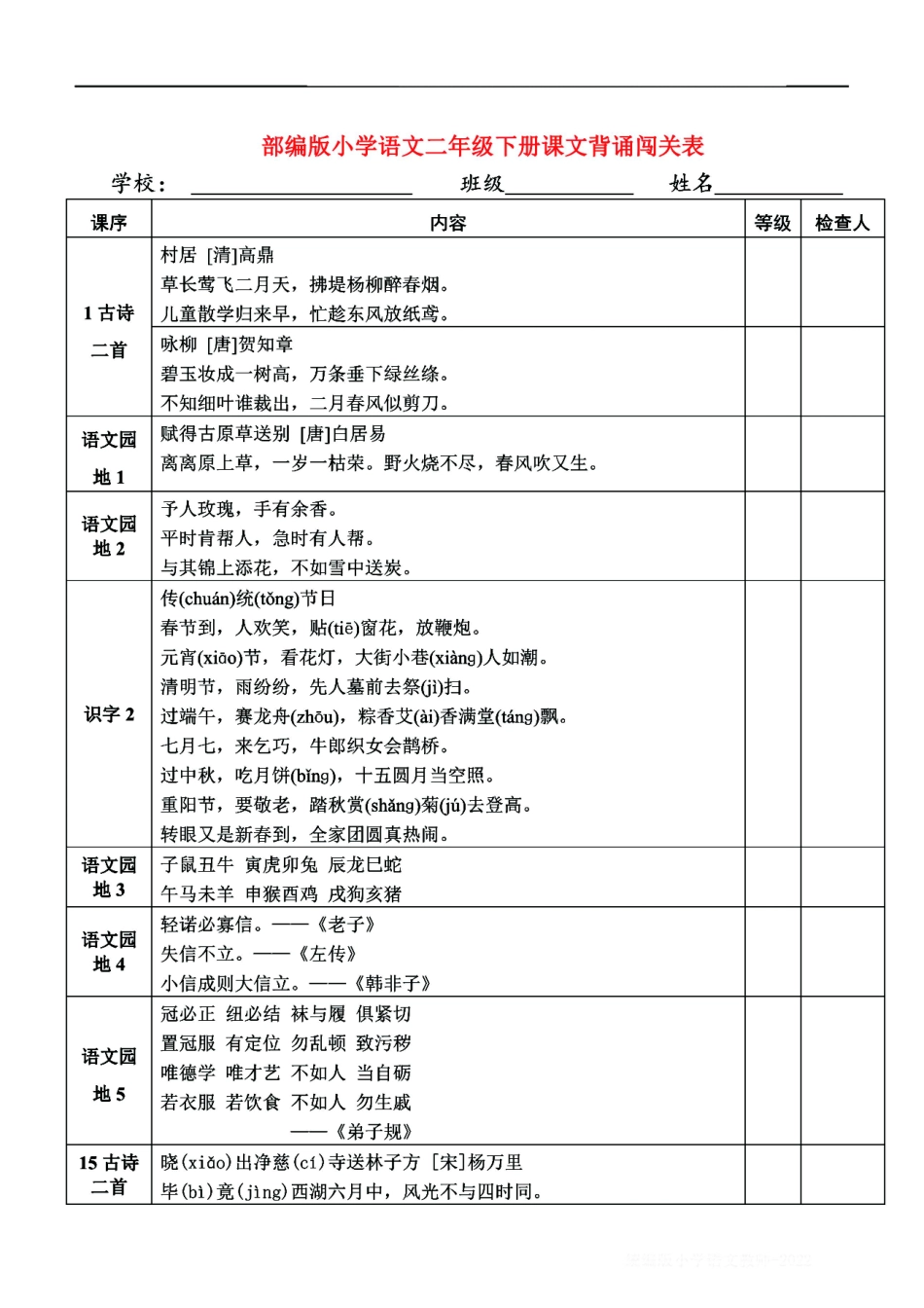 小学二年级下册统编部编版语文1-6各年级下册课本必背闯关表(1).pdf_第3页