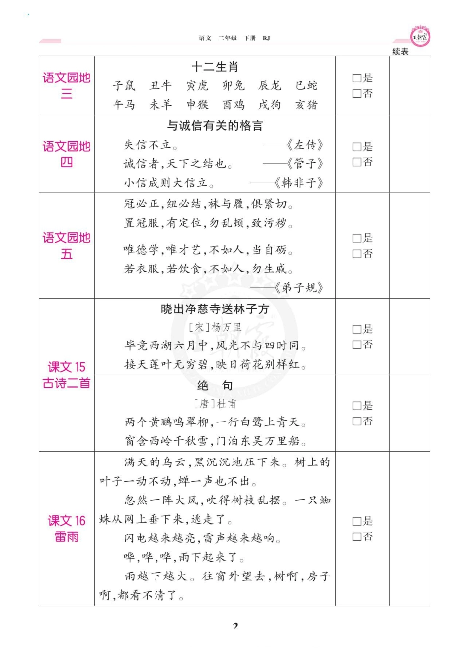 小学二年级下册2024春 王朝霞 人教语文 2年级 下册 课文背诵闯关.pdf_第2页