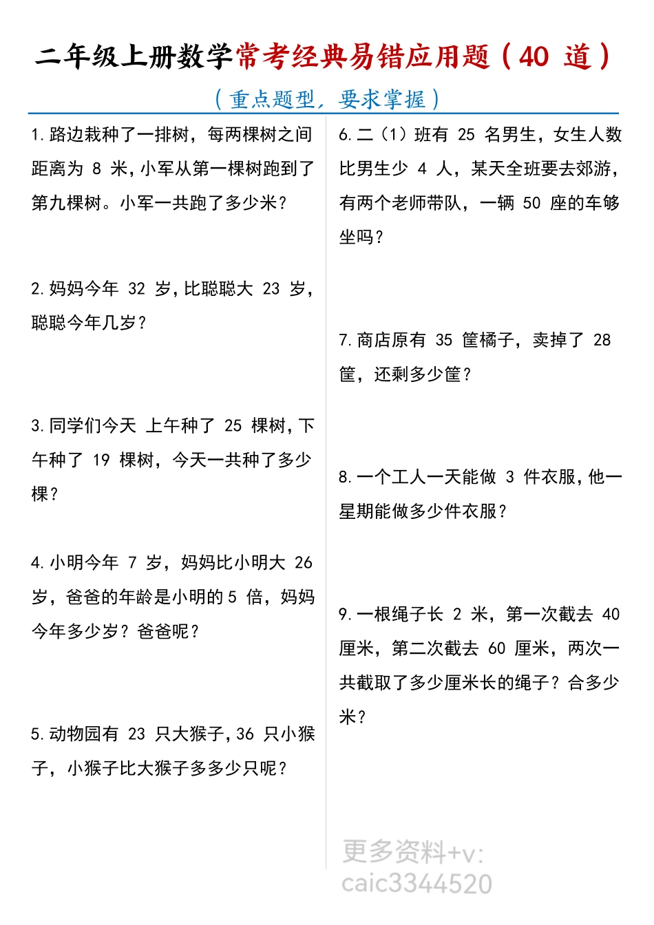 小学二年级上册二上数学40道常考易错应用题.pdf_第1页