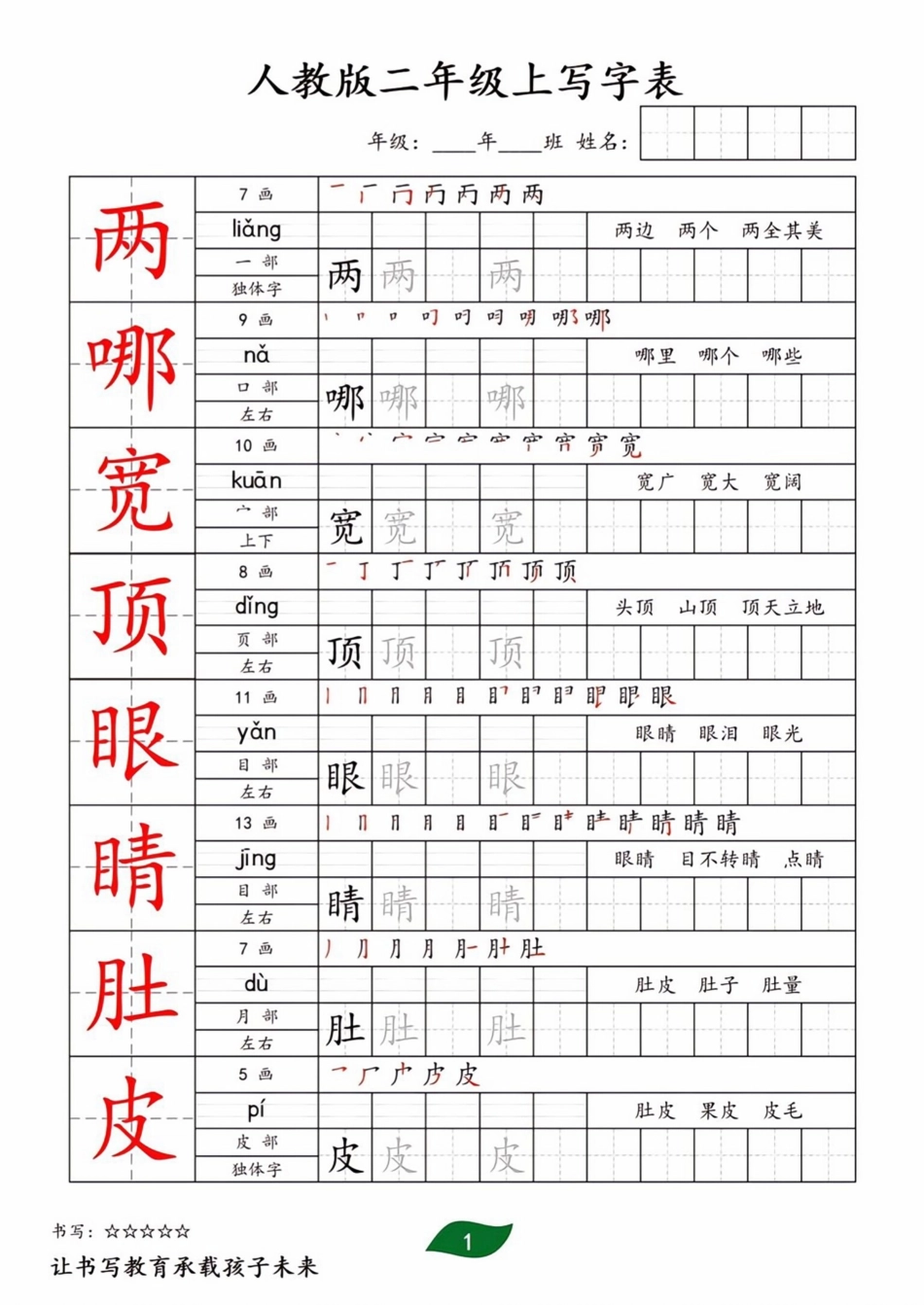 小学二年级上册二年级上册全册生字写字表.pdf_第1页